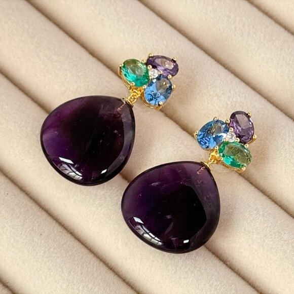 NWT Statement Amethyst Drop Earrings Teardrop 18K Plated Crystal Accents Event - Picture 2 of 11